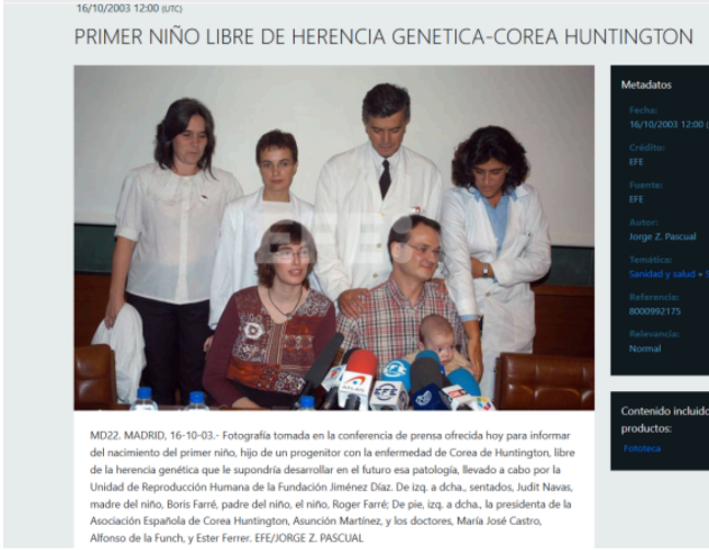 Primer niño libre de Herencia Genética-Corea Huntington